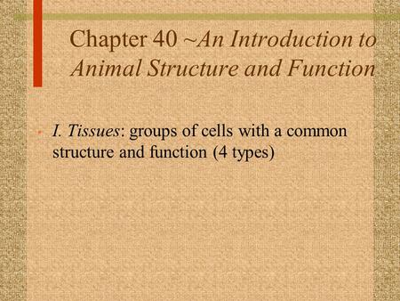 Chapter 40 ~An Introduction to Animal Structure and Function I. Tissues: groups of cells with a common structure and function (4 types)