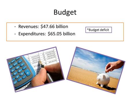 Budget -Revenues: $47.66 billion -Expenditures: $65.05 billion *Budget deficit.