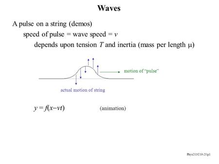 Phys211C19-20 p1 Waves A pulse on a string (demos) speed of pulse = wave speed = v depends upon tension T and inertia (mass per length  ) y = f(x  vt)