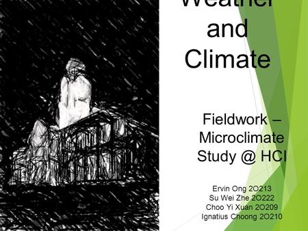 Weather and Climate Ervin Ong 2O213 Su Wei Zhe 2O222 Choo Yi Xuan 2O209 Ignatius Choong 2O210 Fieldwork – Microclimate HCI.