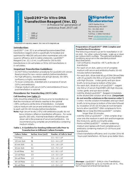 Cat # SL100668 Store at 4 0 C LipoD293 In Vitro DNA Transfection Reagent (Ver. II) ----- A Protocol for generation of Lentivirus from 293T cell 100 l.