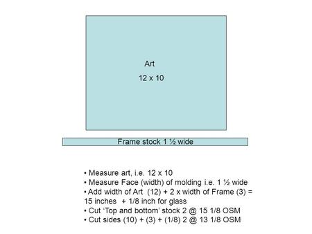 Art 12 x 10 Measure art, i.e. 12 x 10 Measure Face (width) of molding i.e. 1 ½ wide Add width of Art (12) + 2 x width of Frame (3) = 15 inches + 1/8 inch.