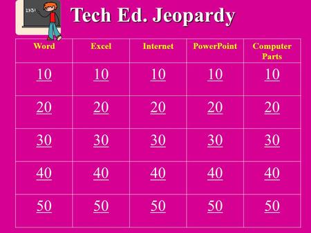 Tech Ed. Jeopardy WordExcelInternetPowerPointComputer Parts 10 20 30 40 50.