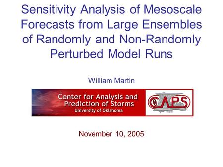 Sensitivity Analysis of Mesoscale Forecasts from Large Ensembles of Randomly and Non-Randomly Perturbed Model Runs William Martin November 10, 2005.