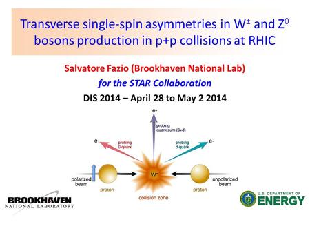 Salvatore Fazio (Brookhaven National Lab) for the STAR Collaboration DIS 2014 – April 28 to May 2 2014 Transverse single-spin asymmetries in W ± and Z.