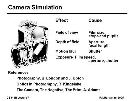 CS348B Lecture 7Pat Hanrahan, 2005 Camera Simulation EffectCause Field of viewFilm size, stops and pupils Depth of field Aperture, focal length Motion.