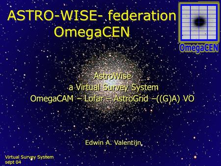 Virtual Survey System sept 04 ASTRO-WISE- federation OmegaCEN AstroWise a Virtual Survey System OmegaCAM – Lofar – AstroGrid –((G)A) VO AstroWise a Virtual.