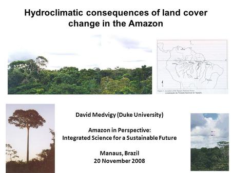 David Medvigy (Duke University) Amazon in Perspective: Integrated Science for a Sustainable Future Manaus, Brazil 20 November 2008 Hydroclimatic consequences.