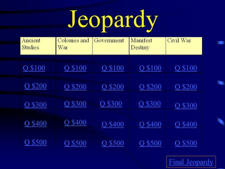 Jeopardy Q $100 Q $200 Q $300 Q $400 Q $500 Q $100 Q $200 Q $300 Q $400 Q $500 Final Jeopardy.