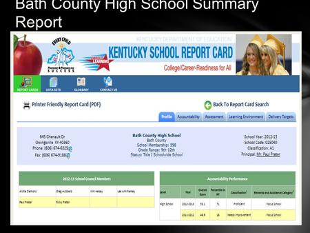 Bath County High School Summary Report. Area2011-20122012-2013 School ClassificationNeeds Improvement Proficient Percentile in Kentucky16 71 Overall Score46.9.