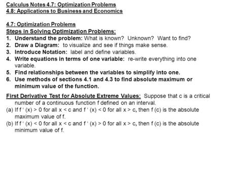 Steps in Solving Optimization Problems: