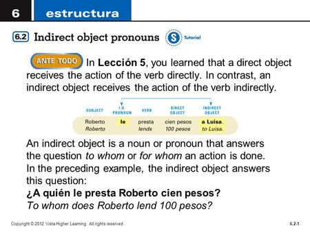 Copyright © 2012 Vista Higher Learning. All rights reserved.6.2-1 In Lección 5, you learned that a direct object receives the action of the verb directly.