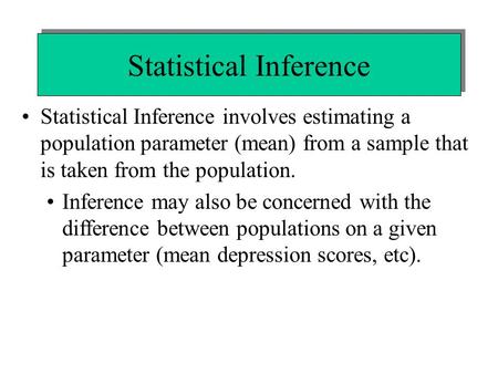 Statistical Inference Statistical Inference involves estimating a population parameter (mean) from a sample that is taken from the population. Inference.