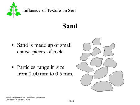 333.T1 Model Agricultural Core Curriculum: Supplement University of California, Davis Influence of Texture on Soil Sand Sand is made up of small coarse.