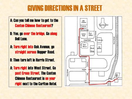 GIVING DIRECTIONS IN A STREET A: Can you tell me how to get to the Canton Chinese Restaurant? B: Yes, go over the bridge. Go along Bell Lane. A: Turn right.