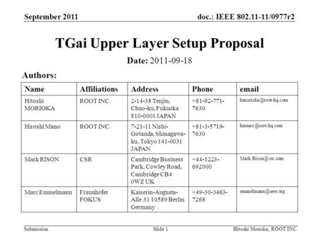 Doc.: IEEE 802.11-11/0977r2 Submission NameAffiliationsAddressPhoneemail Hitoshi MORIOKA ROOT INC.2-14-38 Tenjin, Chuo-ku, Fukuoka 810-0001 JAPAN +81-92-771-