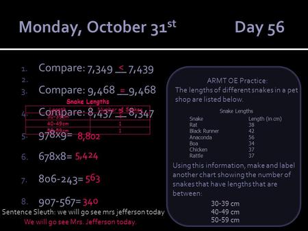 1. Compare: 7,349 __ 7,439 2. 3. Compare: 9,468 __9,468 4. Compare: 8,437 __ 8,347 5. 978x9= 6. 678x8= 7. 806-243= 8. 907-567= ARMT OE Practice: The lengths.