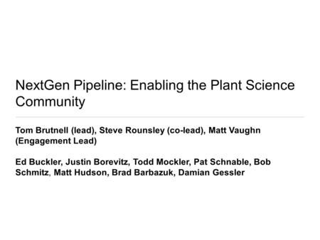 NextGen Pipeline: Enabling the Plant Science Community Tom Brutnell (lead), Steve Rounsley (co-lead), Matt Vaughn (Engagement Lead) Ed Buckler, Justin.