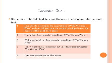 L EARNING G OAL Students will be able to determine the central idea of an informational text. 4I am able to determine the central idea of “The Vietnam.