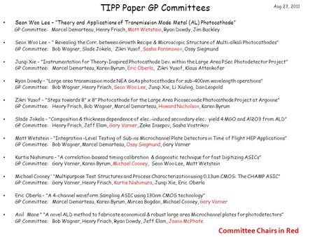 TIPP Paper GP Committees Seon Woo Lee – “Theory and Applications of Transmission Mode Metal (AL) Photocathode” GP Committee: Marcel Demarteau, Henry Frisch,