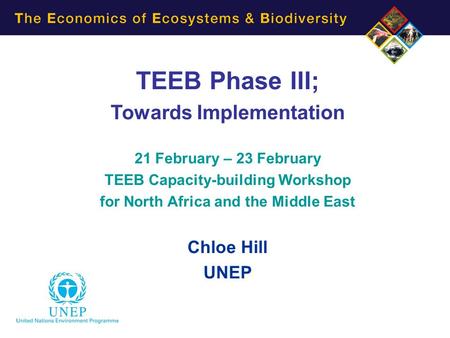 TEEB Phase III; Towards Implementation 21 February – 23 February TEEB Capacity-building Workshop for North Africa and the Middle East Chloe Hill UNEP.