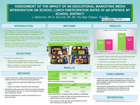 `` ASSESSMENT OF THE IMPACT OF AN EDUCATIONAL MARKETING MEDIA INTERVENTION ON SCHOOL LUNCH PARTICIPATION RATES AT AN UPSTATE NY SCHOOL DISTRICT. J. Gibberman,