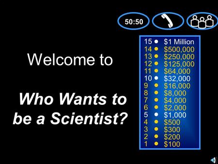 15 14 13 12 11 10 9 8 7 6 5 4 3 2 1 $1 Million $500,000 $250,000 $125,000 $64,000 $32,000 $16,000 $8,000 $4,000 $2,000 $1,000 $500 $300 $200 $100 Welcome.