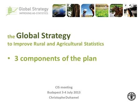 CIS meeting Budapest 3-4 July 2013 Christophe Duhamel the Global Strategy to Improve Rural and Agricultural Statistics 3 components of the plan.