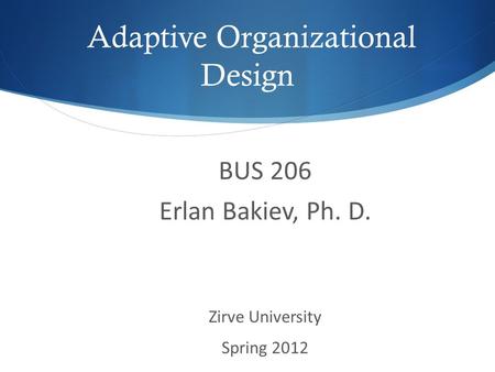 Adaptive Organizational Design BUS 206 Erlan Bakiev, Ph. D. Zirve University Spring 2012.