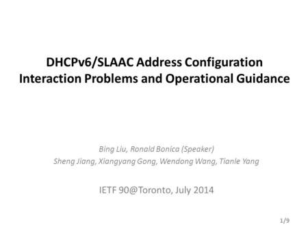 DHCPv6/SLAAC Address Configuration Interaction Problems and Operational Guidance Bing Liu, Ronald Bonica (Speaker) Sheng Jiang, Xiangyang Gong, Wendong.