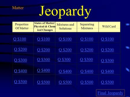 Jeopardy Properties Of Matter States of Matter/ Physical & Chem- ical Changes Mixtures and Solutions Separating Mixtures Wild Card Q $100 Q $200 Q $300.