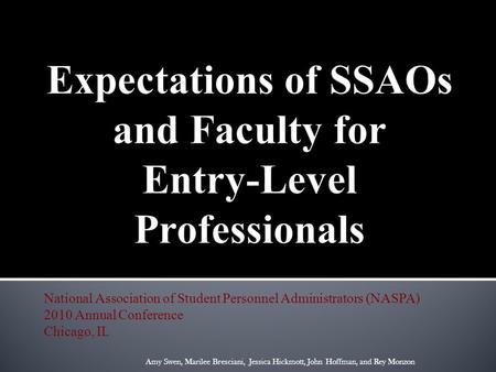 National Association of Student Personnel Administrators (NASPA) 2010 Annual Conference Chicago, IL Amy Swen, Marilee Bresciani, Jessica Hickmott, John.