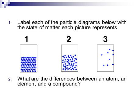 1. Label each of the particle diagrams below with the state of matter each picture represents 2. What are the differences between an atom, an element and.