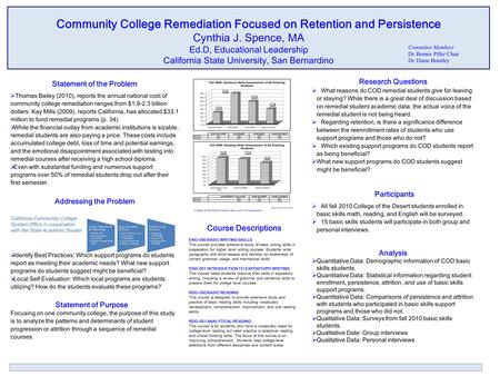 Research Questions  What reasons do COD remedial students give for leaving or staying? While there is a great deal of discussion based on remedial student.