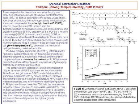 Archaeal Tetraether Liposomes Parkson L. Chong, Temple University, DMR 1105277 The main goal of this research is to unravel the physical properties of.