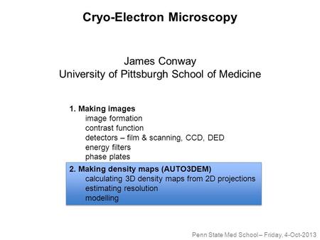 Cryo-Electron Microscopy James Conway University of Pittsburgh School of Medicine 1. Making images image formation contrast function detectors – film &