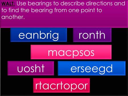 WALT: Use bearings to describe directions and to find the bearing from one point to another. eanbrigronth macpsos uoshterseegd rtacrtopor.