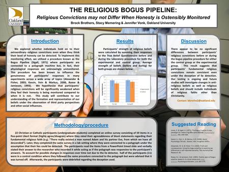 THE RELIGIOUS BOGUS PIPELINE: Religious Convictions may not Differ When Honesty is Ostensibly Monitored Brock Brothers, Stacy Memering & Jennifer Vonk,