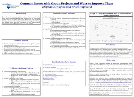 Common Issues with Group Projects and Ways to Improve Them Stephanie Higgins and Bryce Raymond References Cuseo, J. (1992). Cooperative Learning Vs. Small-Group.