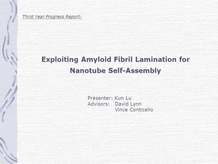 Exploiting Amyloid Fibril Lamination for Nanotube Self-Assembly Presenter: Kun Lu Advisors: David Lynn Vince Conticello Third Year Progress Report: