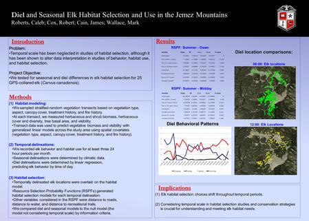 Diel and Seasonal Elk Habitat Selection and Use in the Jemez Mountains Roberts, Caleb; Cox, Robert; Cain, James; Wallace, Mark (1)Elk habitat selection.