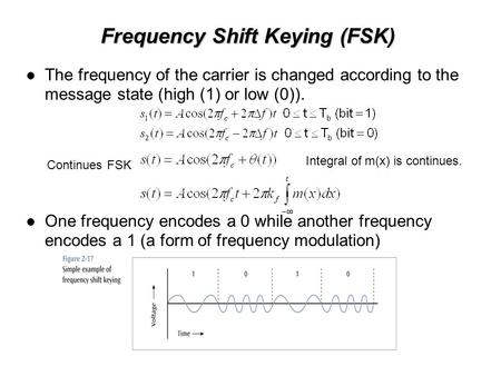 Frequency Shift Keying (FSK) The frequency of the carrier is changed according to the message state (high (1) or low (0)). One frequency encodes a 0 while.