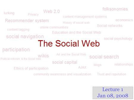 Lecture 1 Jan 08, 2008. Outline Course logistics Introducing tools to be used in the course Overview of Social Web and Web 2.0 Definition History Key.