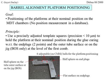 BARREL ALIGNMENT PLATFORM POSITIONING Goal: Positioning of the platforms at their nominal position on the MDT chambers (No position measurement in a database).