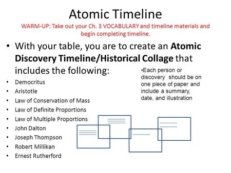 Atomic Timeline WARM-UP: Take out your Ch. 3 VOCABULARY and timeline materials and begin completing timeline. With your table, you are to create an Atomic.