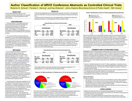 Author Classification of ARVO Conference Abstracts as Controlled Clinical Trials Roberta W. Scherer 1, Pamela C. Sieving 2, and Kay Dickersin 1, Johns.