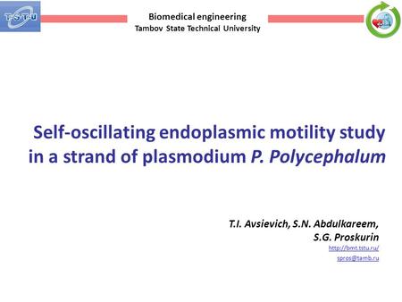 Self-oscillating endoplasmic motility study in a strand of plasmodium P. Polycephalum T.I. Avsievich, S.N. Abdulkareem, S.G. Proskurin