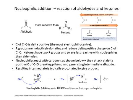 Nucleophilic addition – reaction of aldehydes and ketones C of C=O is delta positive (the most electrophilic centre). R groups are inductively donating.