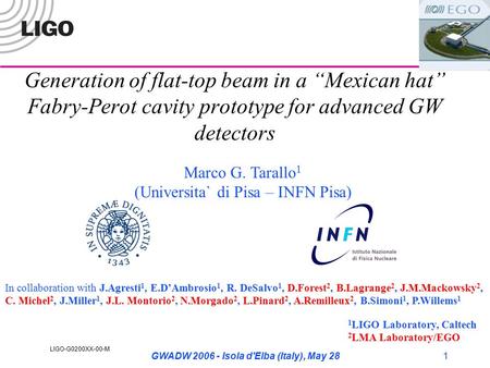 LIGO-G0200XX-00-M GWADW 2006 - Isola d'Elba (Italy), May 281 Generation of flat-top beam in a “Mexican hat” Fabry-Perot cavity prototype for advanced GW.