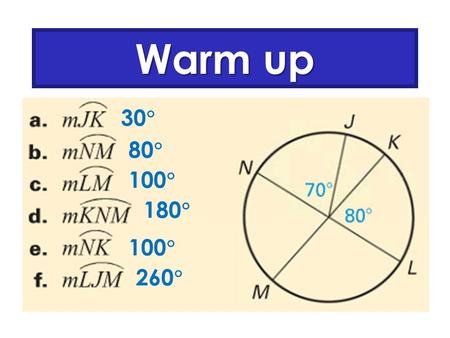 Warm up 30  80  100  180  100  260 . Inscribed Angles and Inscribed Quadrilaterals.